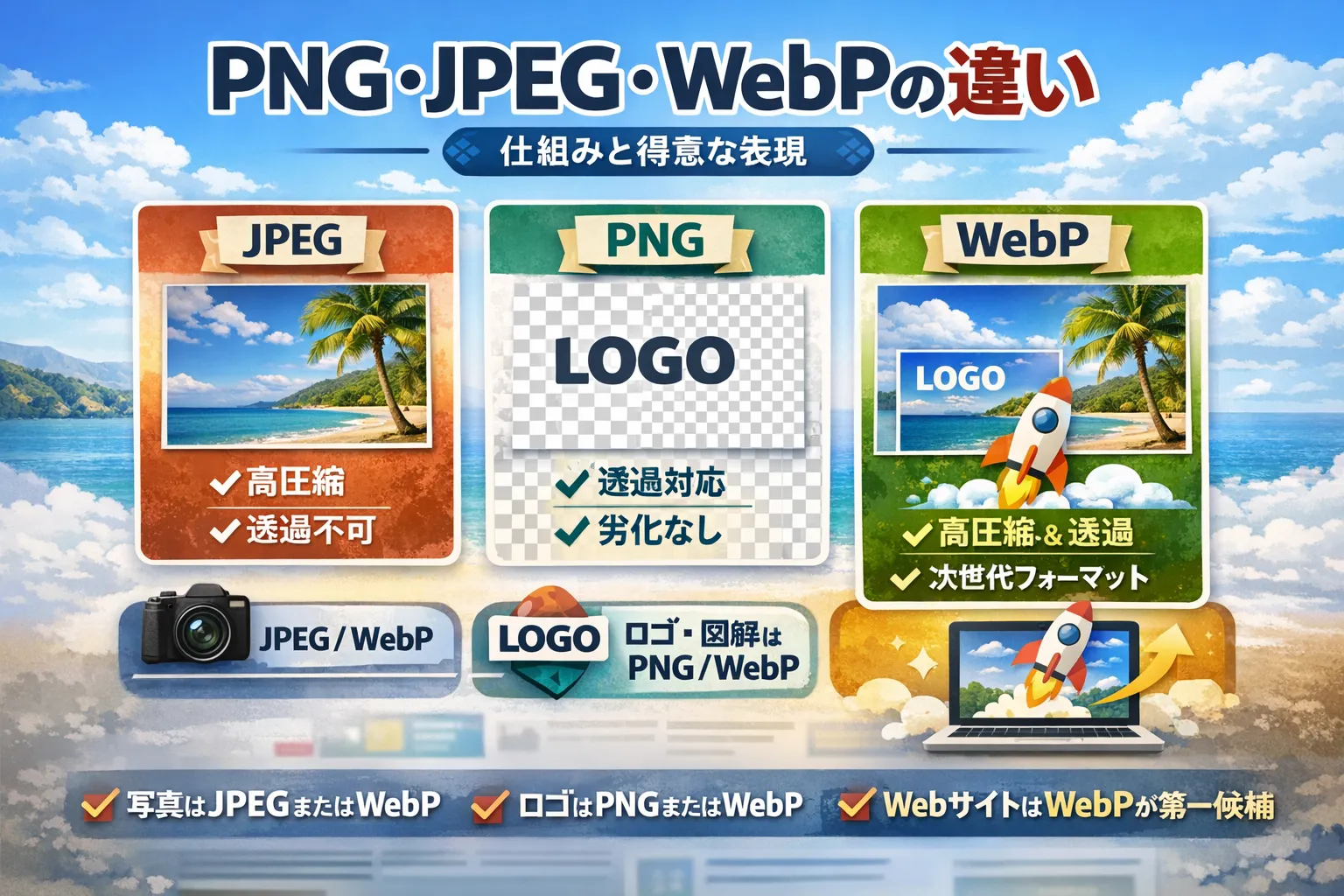 PNG・JPEG・WebPの違いを徹底比較！画像選びの使い分けガイド