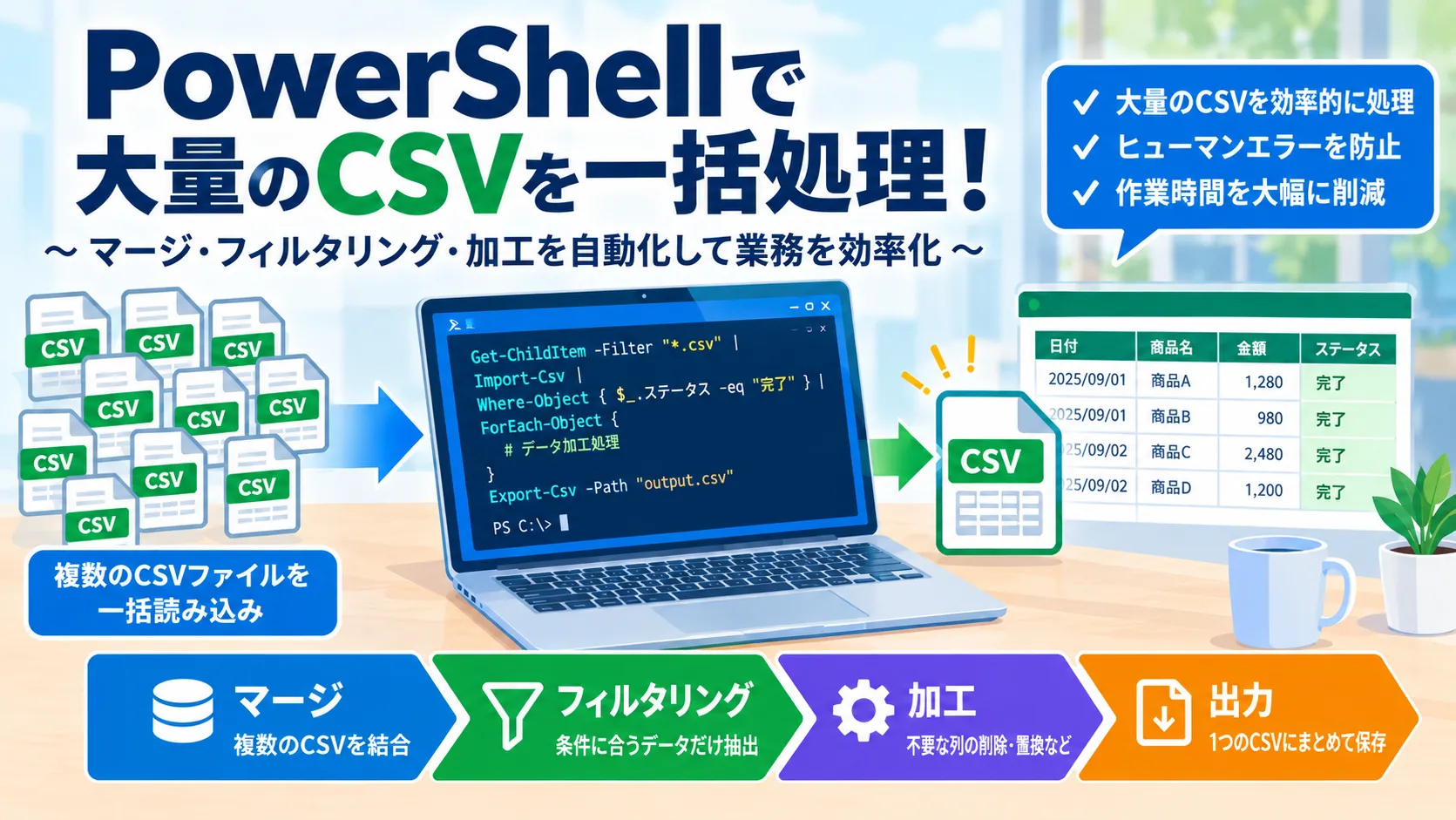 【PowerShell】大量のCSVファイルを一括処理してマージ・加工する方法