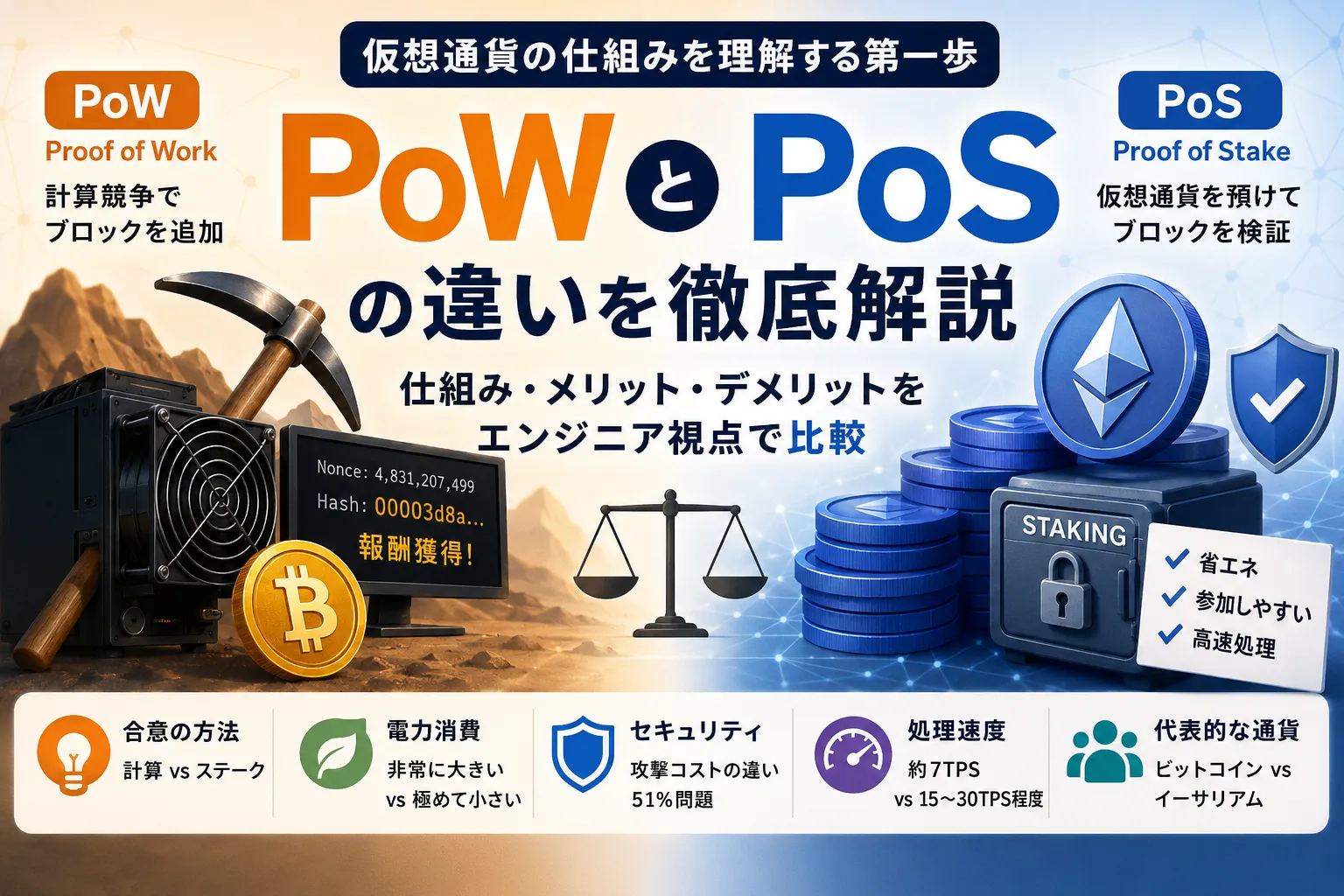 【図解】PoWとPoSの違いとは？仮想通貨の仕組みをわかりやすく比較
