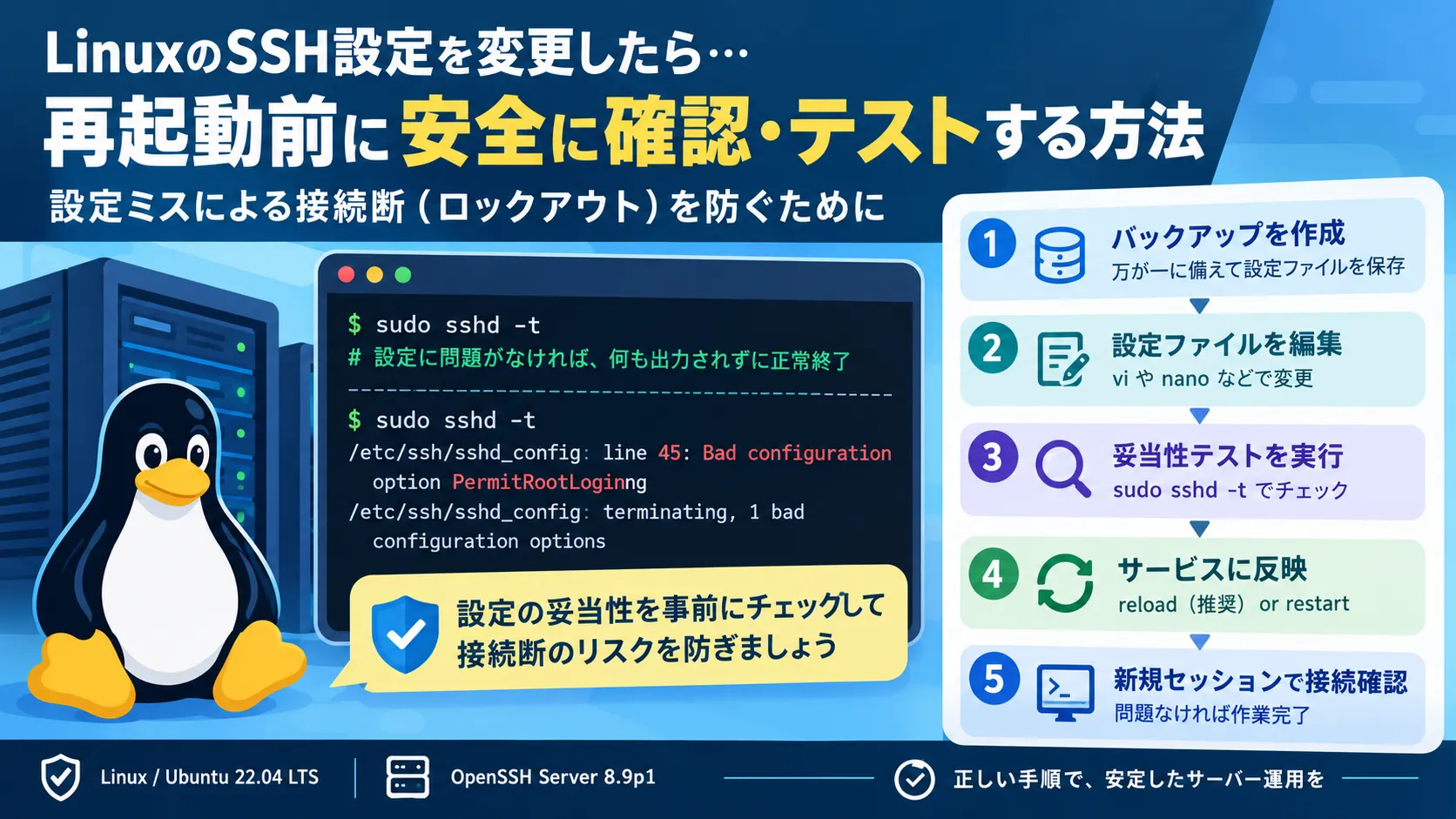 【Linux】sshdの設定確認方法｜sshd -tと-Tで安全にテストする手順