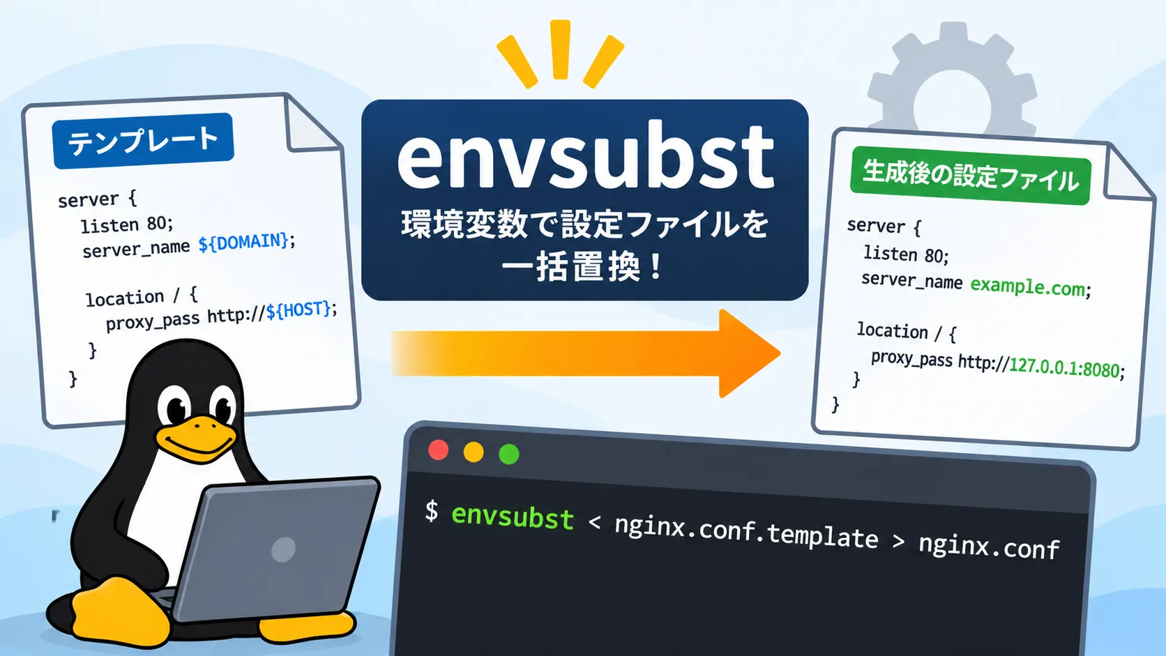 【Linux】envsubstコマンドでファイル内の環境変数を一括置換する方法