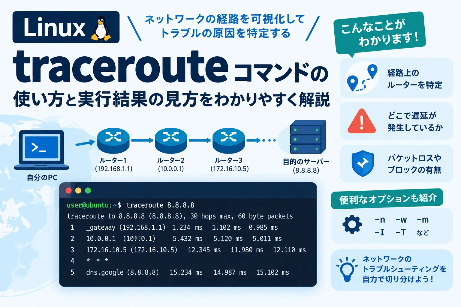 【Linux】tracerouteコマンドとは？ネットワーク経路の確認方法と見方