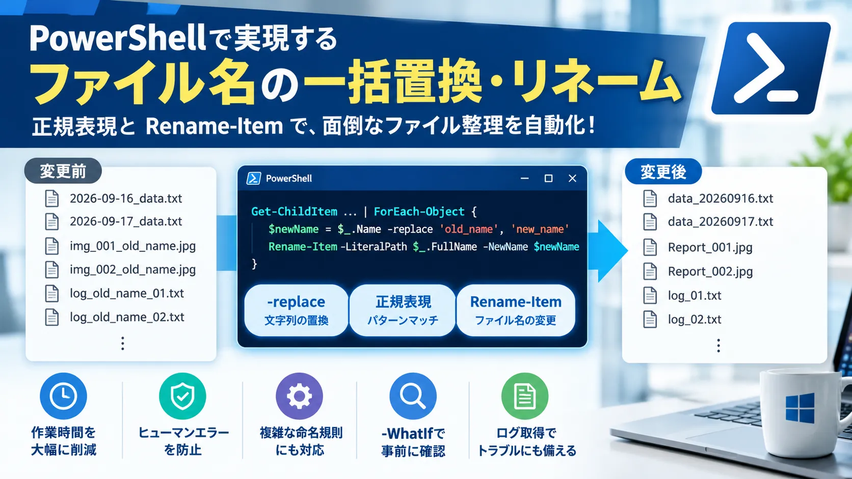【PowerShell】ファイル名を一括で置換・リネームする方法（正規表現対応）
