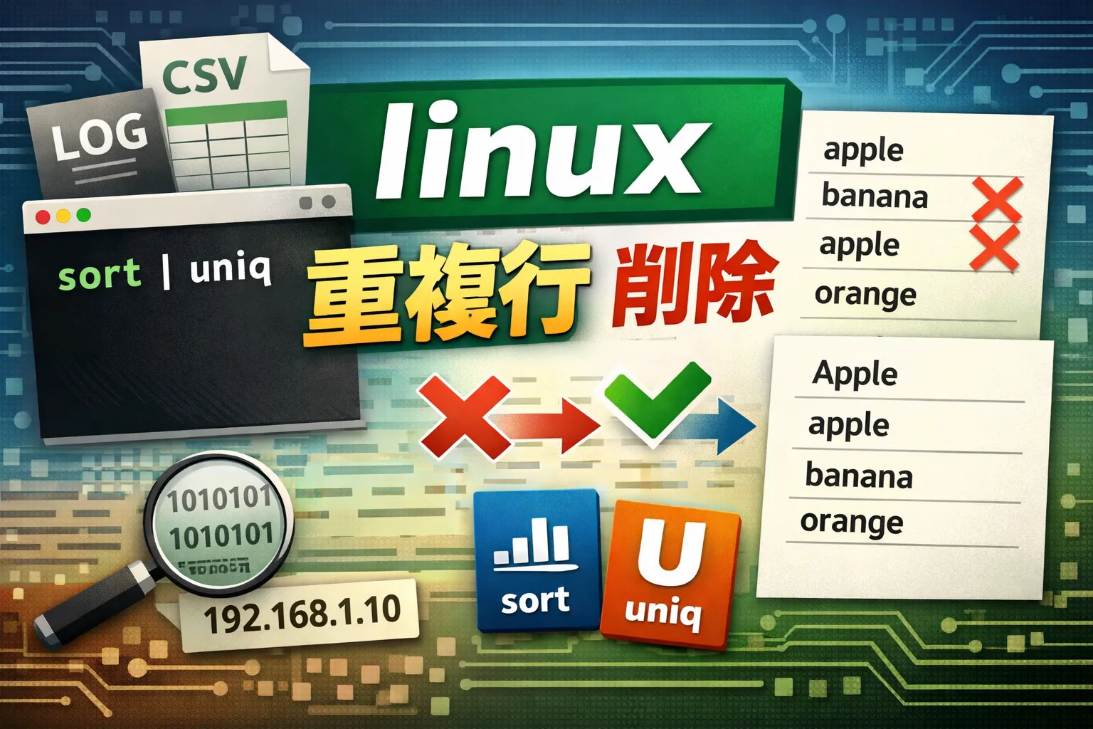 【Linux】重複行を削除する方法！sortとuniqの基本と応用