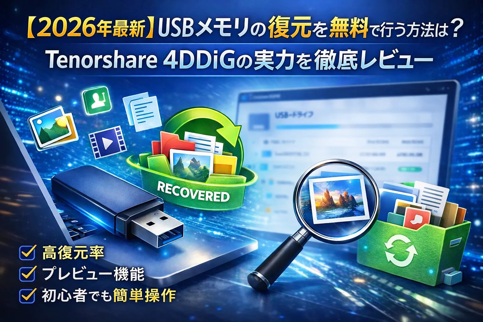 【2026年最新】USBメモリの復元を無料で行う方法は？Tenorshare 4DDiGの実力を徹底レビュー