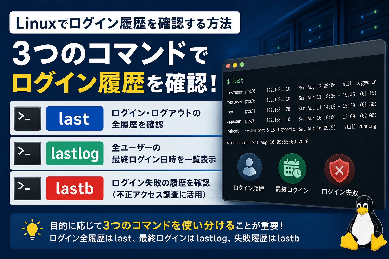 【Linux】ログイン履歴を確認する（last・lastlog・lastb）