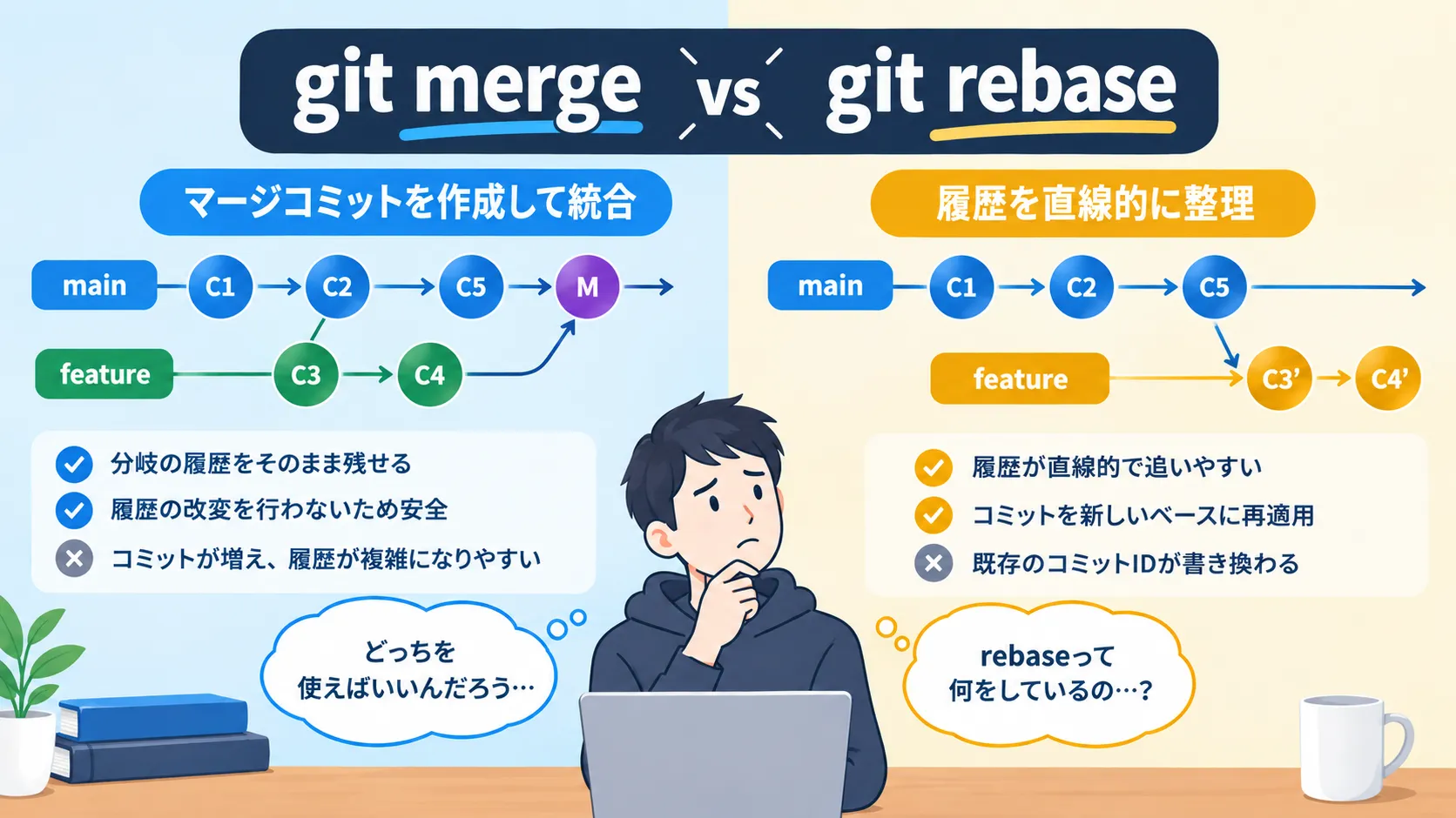 【Git】git rebaseとmergeの違い・使い分けを徹底解説