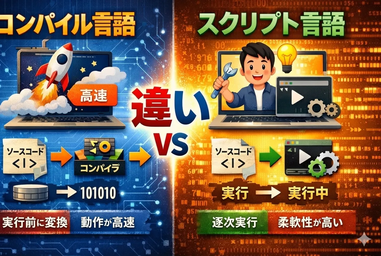 コンパイル言語とスクリプト言語の違いとは？特徴・メリット・使い分けを徹底解説