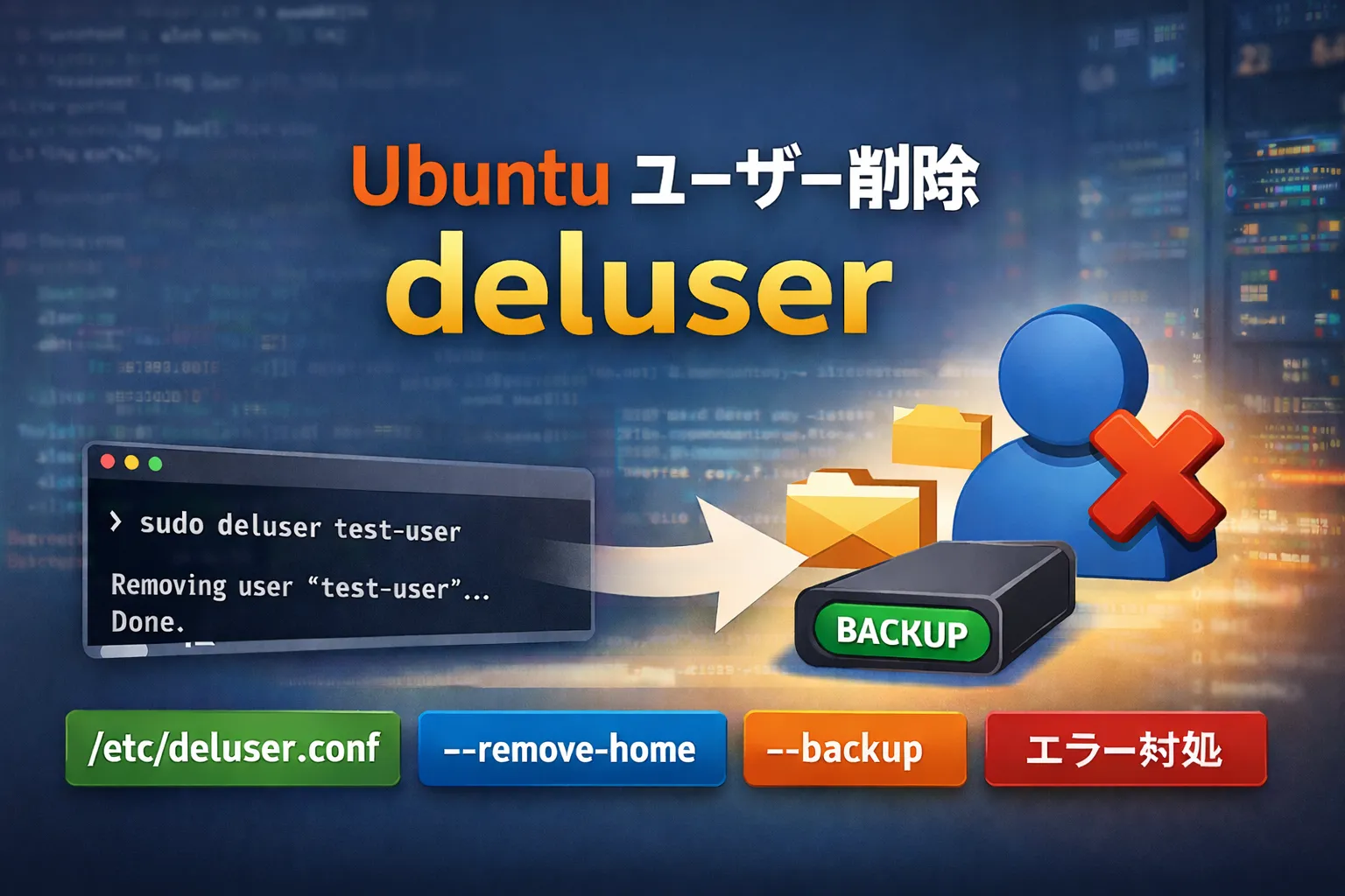 【Ubuntu】deluserでユーザー削除｜設定ファイルとオプション解説