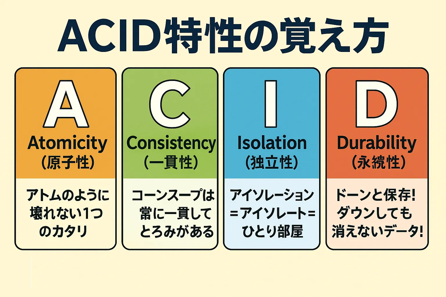 絶対忘れない！ACID特性の覚え方【語呂合わせ】