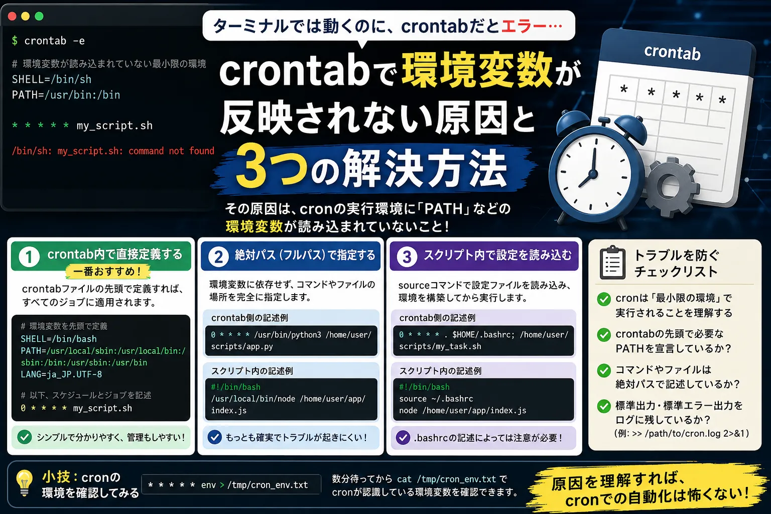 crontabで環境変数が反映されない原因と3つの解決策