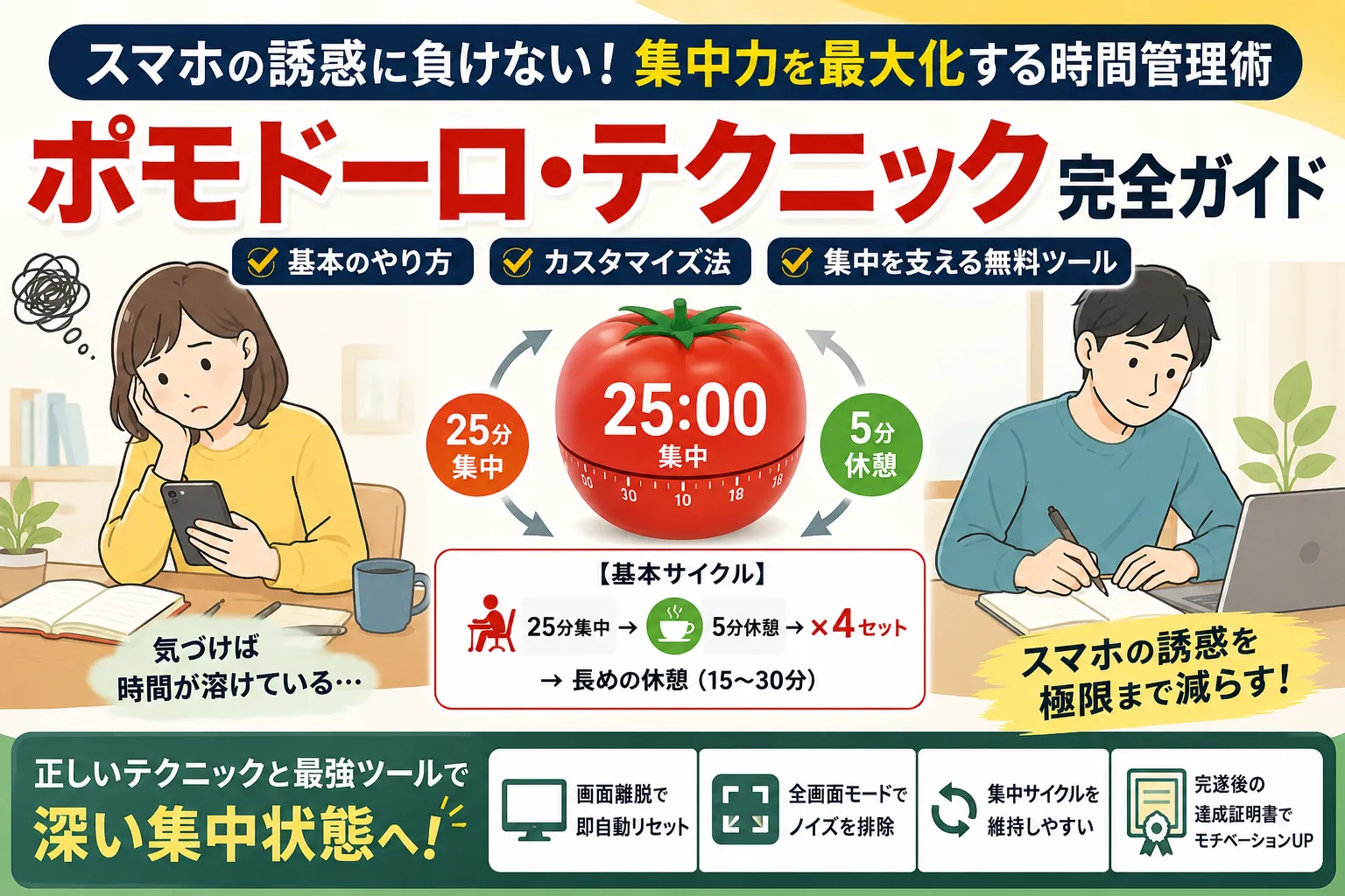 スマホの誘惑に負けない！ポモドーロ勉強法のやり方とおすすめタイマー