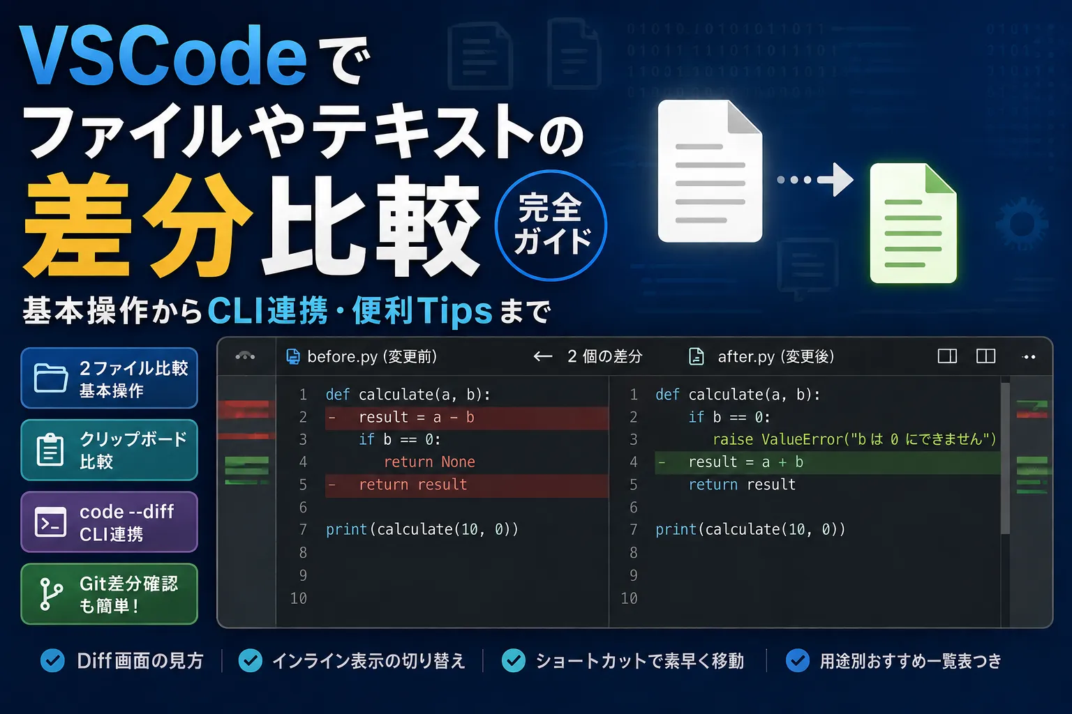 【VSCode】ファイル・テキストの差分比較（Diff）を行う方法