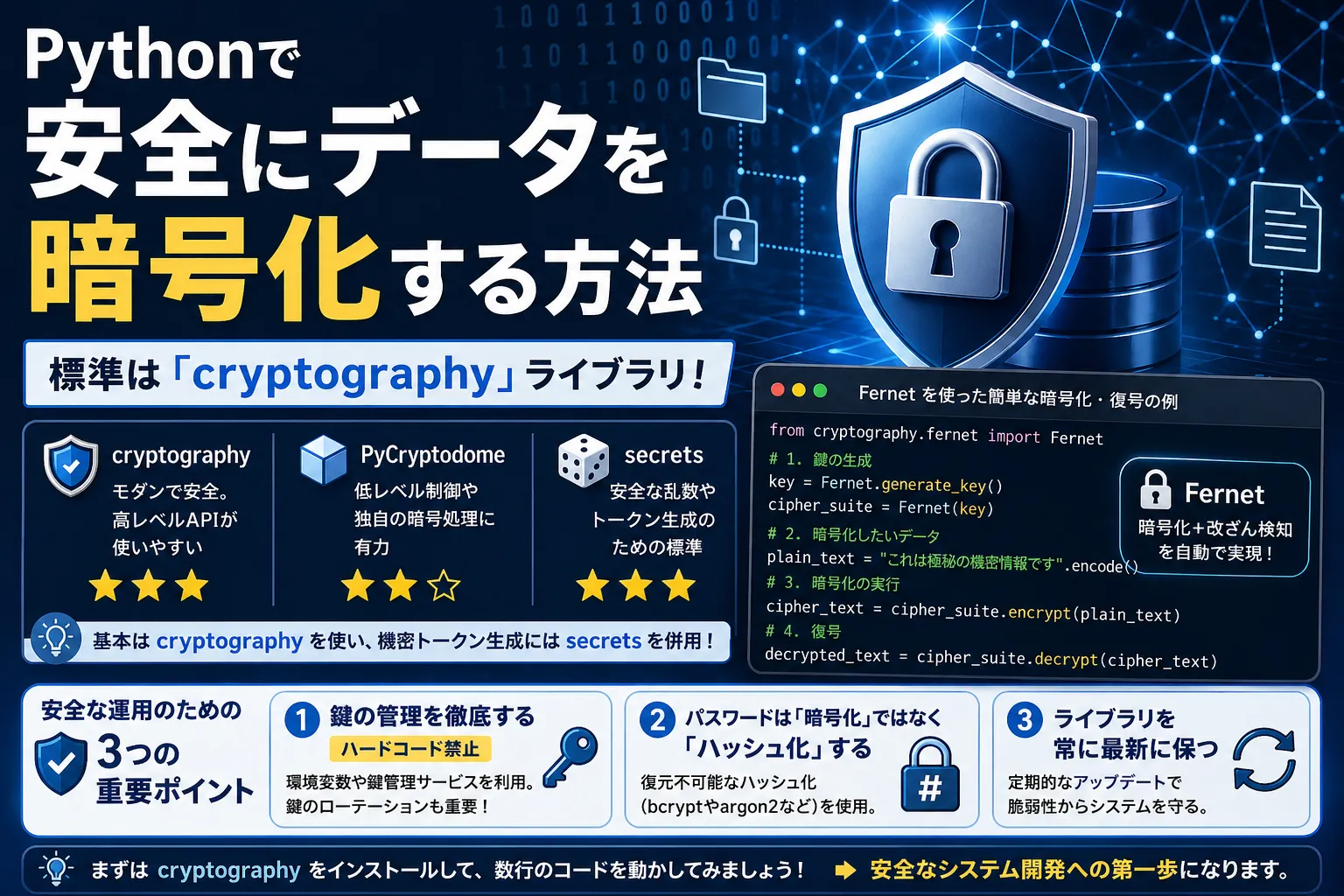 Python暗号化ライブラリ決定版！cryptographyの実装ガイド