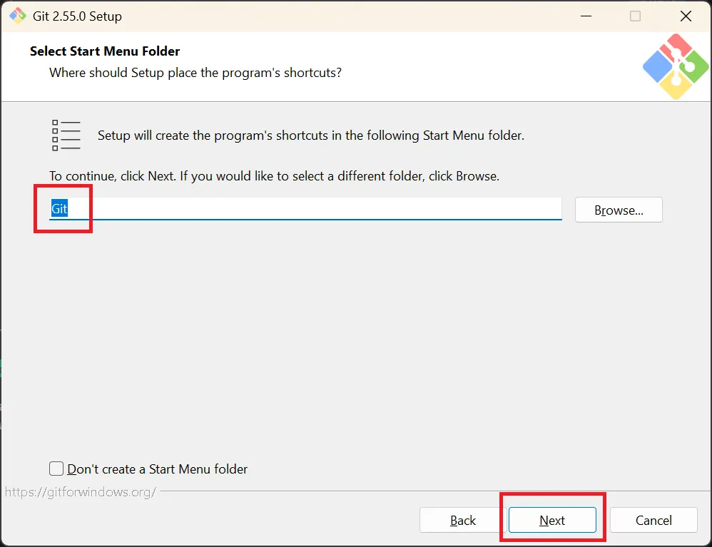 Select Start Menu Folder(スタートメニューフォルダ)の画面