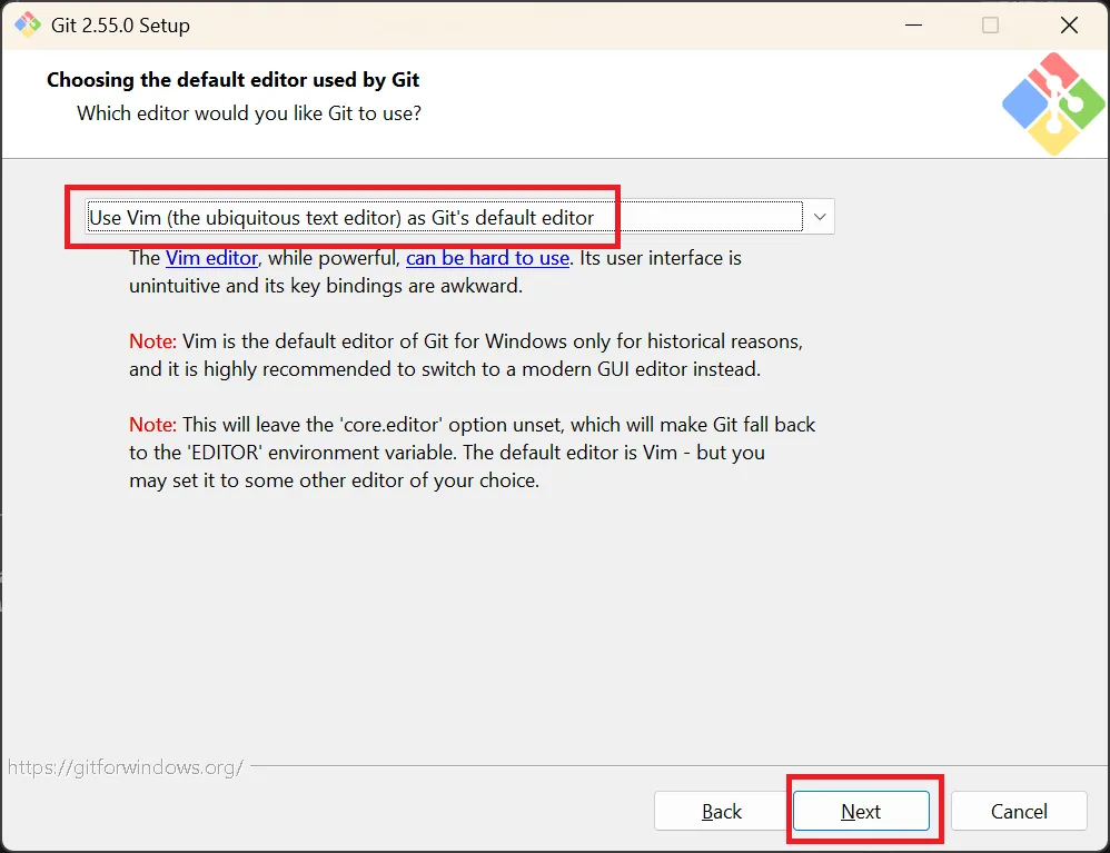 Choosing the default editor used by Git(デフォルトエディタ選択)の画面