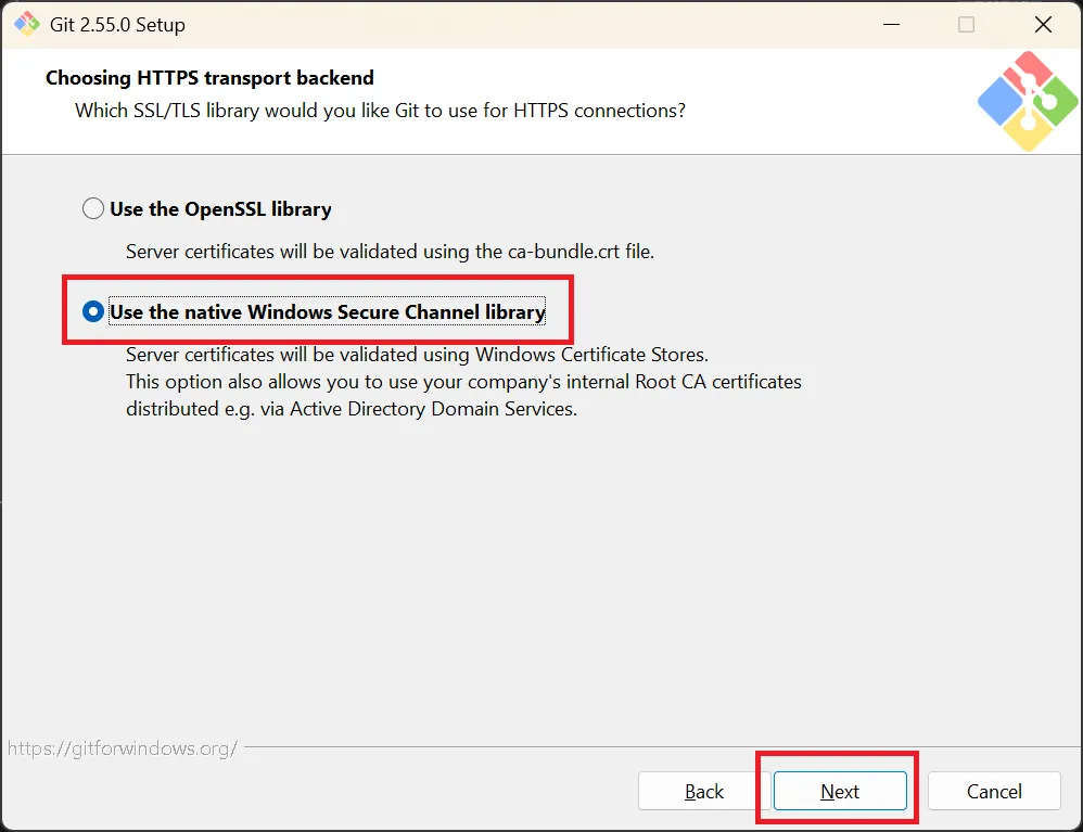 Choosing HTTPS transport backend(HTTPSバックエンド選択)の画面