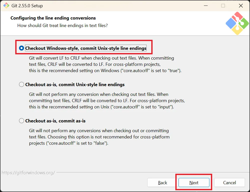 Configuring the line ending conversions(改行コード設定)の画面