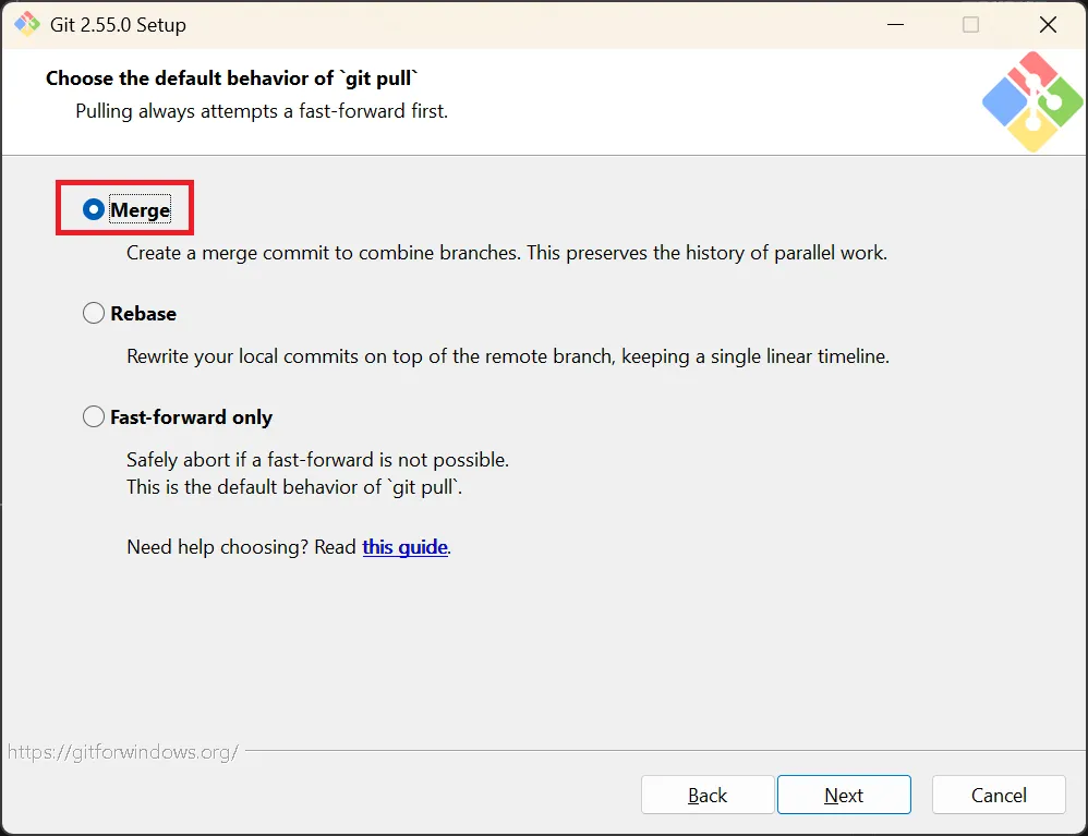 Choose the default behavior of git pull(git pullの動作設定)の画面