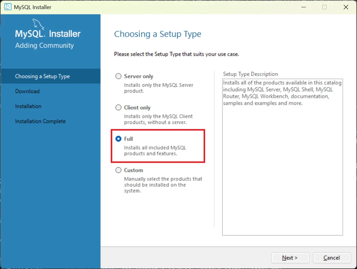 セットアップタイプの選択（Fullを選択）