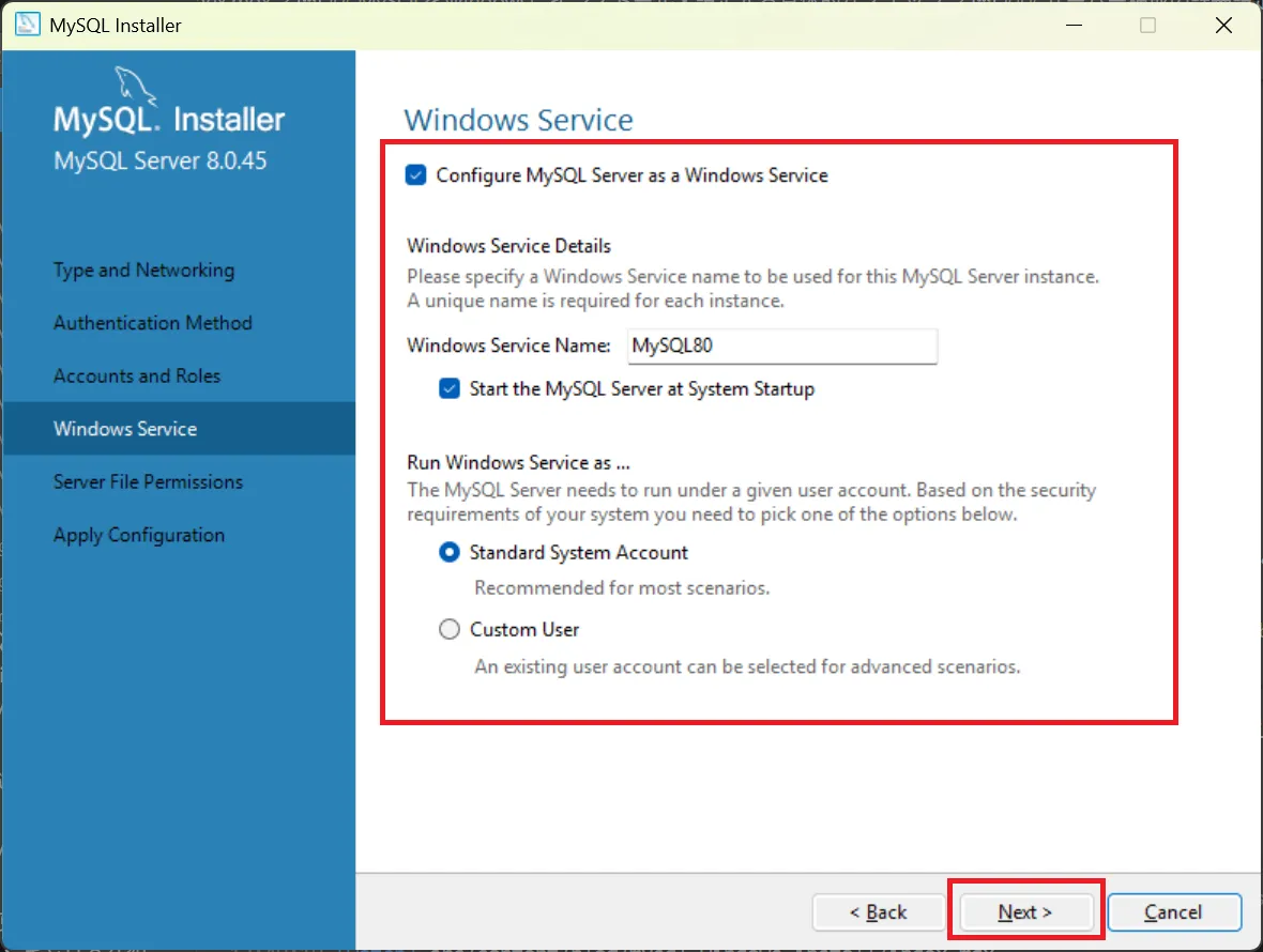 Windowsサービスの設定