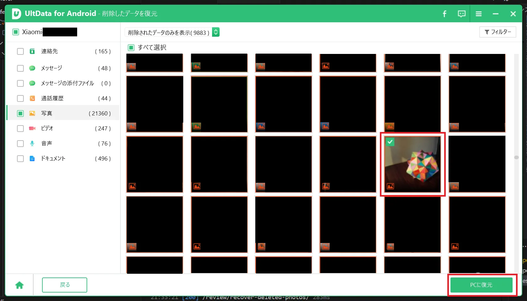 復元対象の写真を選択したプレビュー画面