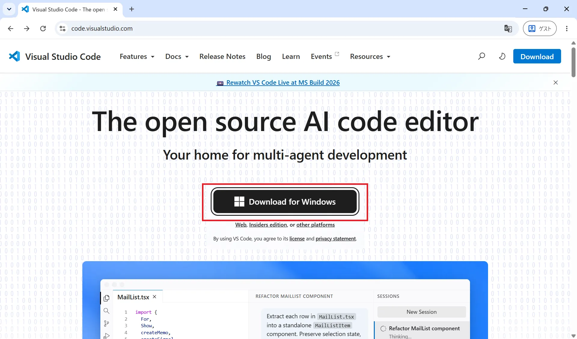 VSCode公式サイトのトップページ